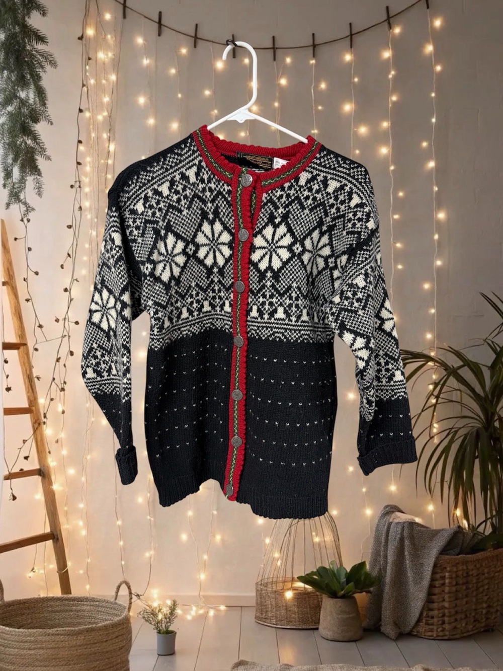 Vintage Eddie Bauer Black & White Nordic Cardigan with Red Trim size small wool